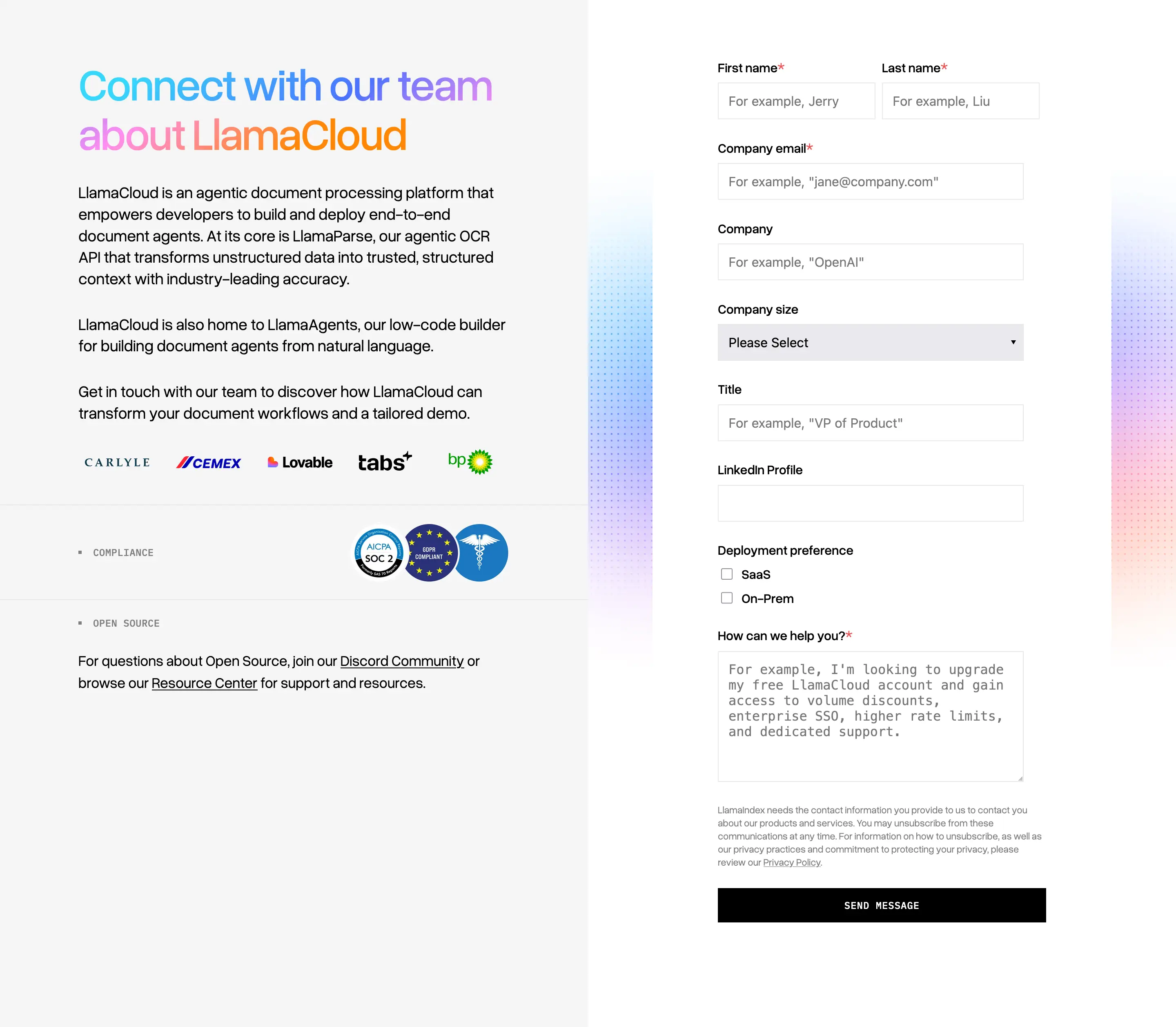 LlamaIndex LlamaCloud Contact Form Design