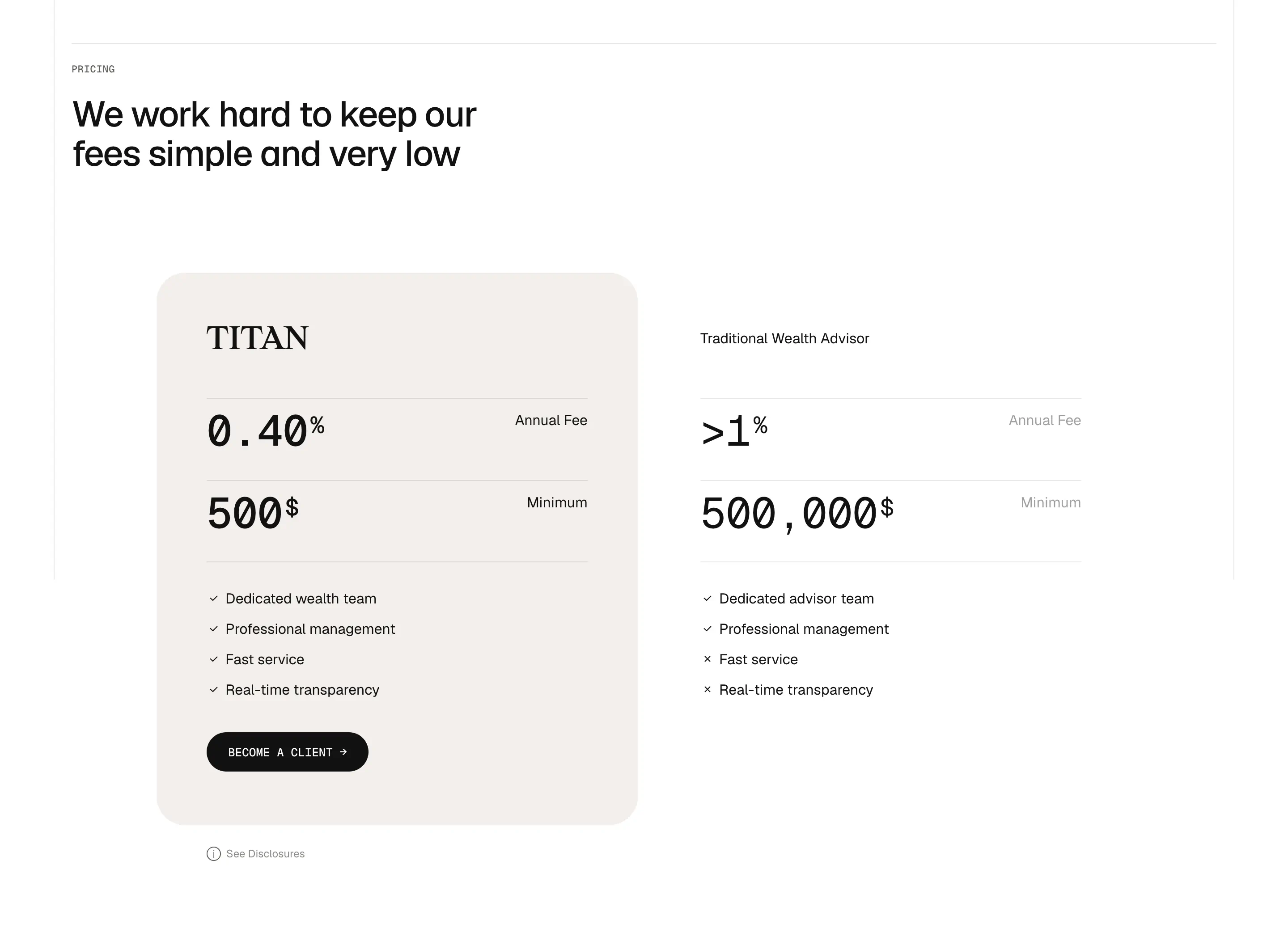 Titan Low Fees Comparison Cards Design