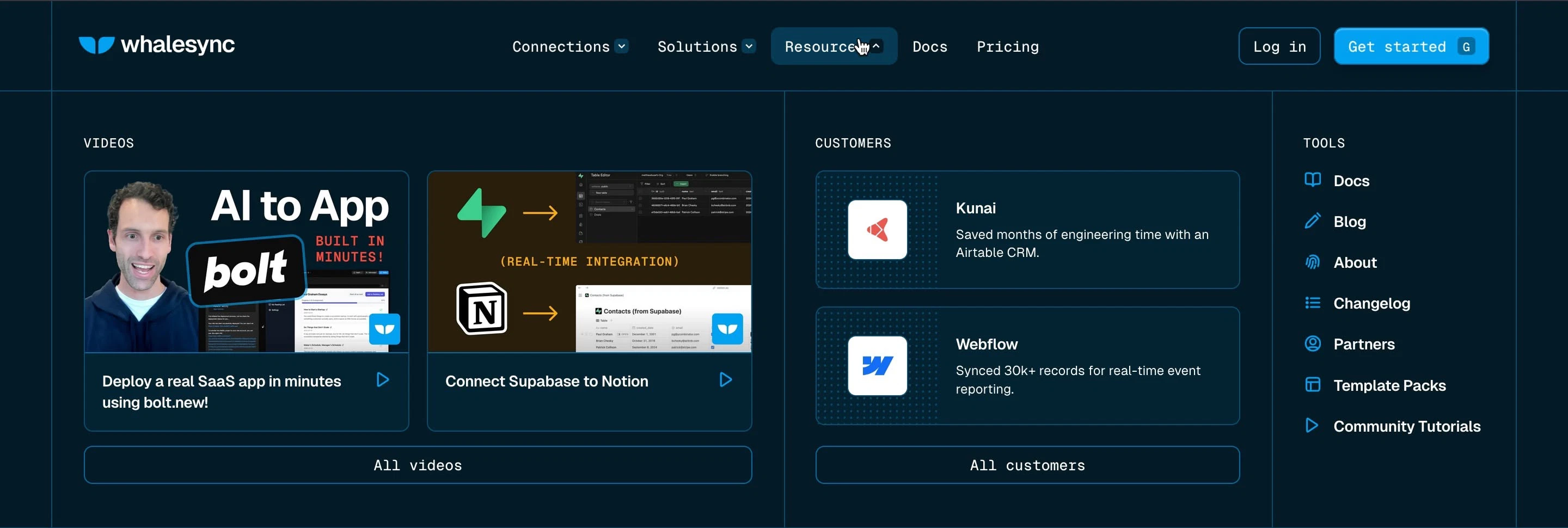 Whalesync Resources Menu Dropdown Menu Design